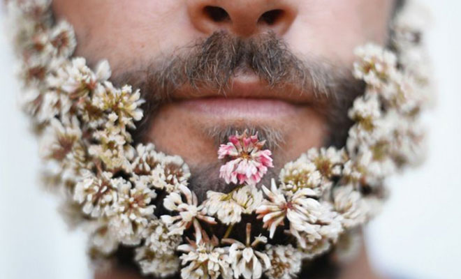 Hipsters con flores en la barba.